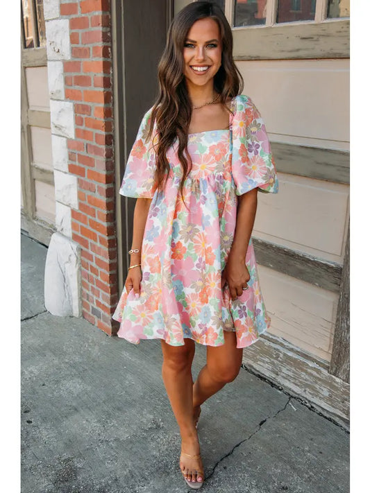 Pink Summer Floral Square Neck Puff Sleeve Babydoll Dress