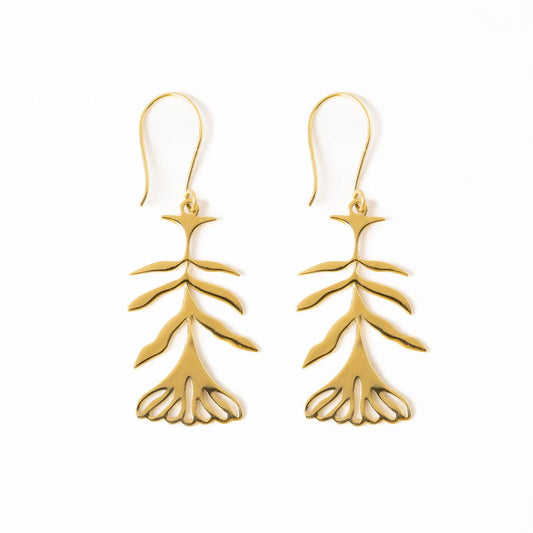 Ingrid Botanical Abstract Floral Leaf Drop Earrings Brass