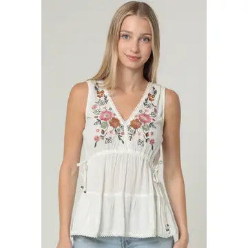 Embroidered V Neck Tank Top with Side Ties and Lace