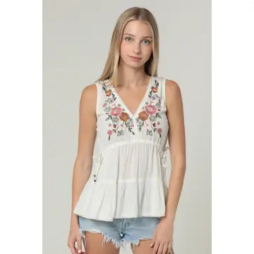 Embroidered V Neck Tank Top with Side Ties and Lace