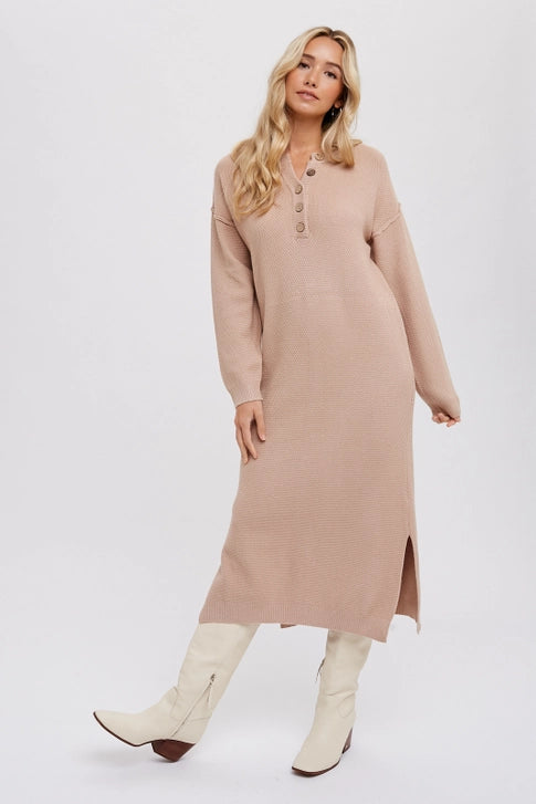 Button Front Midi Sweater Dress-Latte Color