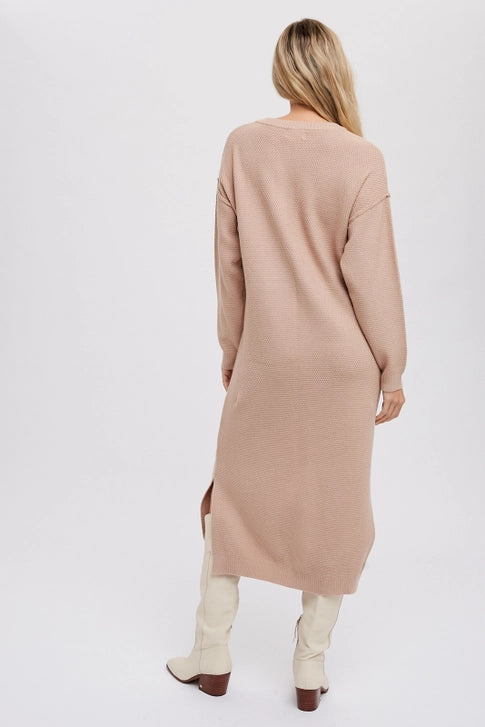 Button Front Midi Sweater Dress-Latte Color