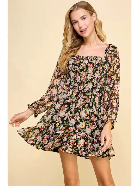 Long Sleeve Smocked Bodice Floral Dress