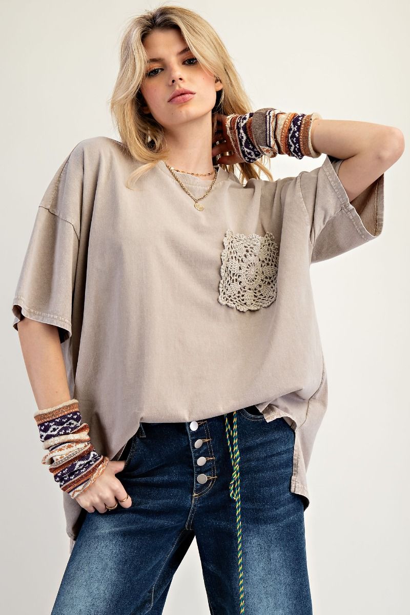 Easel Short Sleeve Mineral Washed Top - Mushroom Color