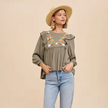 Embroidered Ruffle Shoulder Blouse-Olive