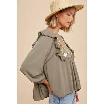 Embroidered Ruffle Shoulder Blouse-Olive