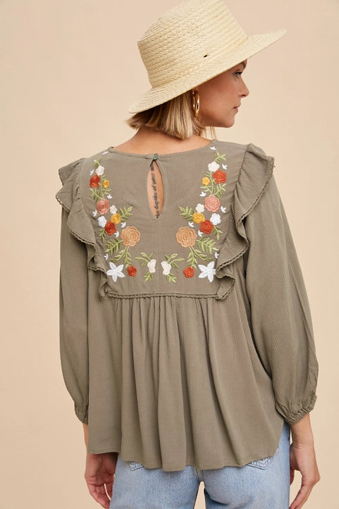 Embroidered Ruffle Shoulder Blouse-Olive