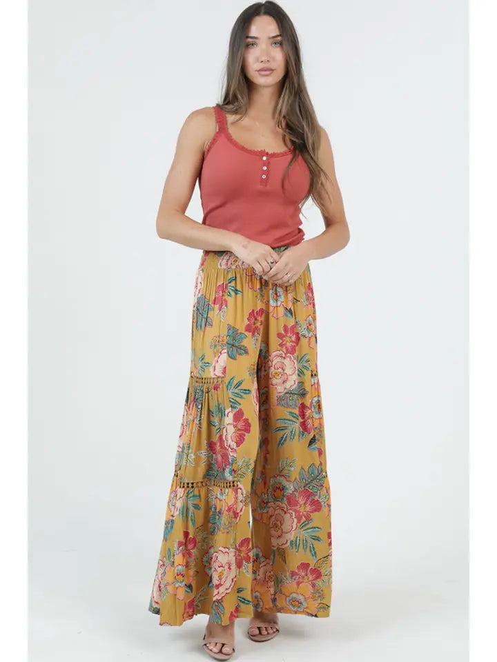 Wide Leg Pants with Lace Inserts