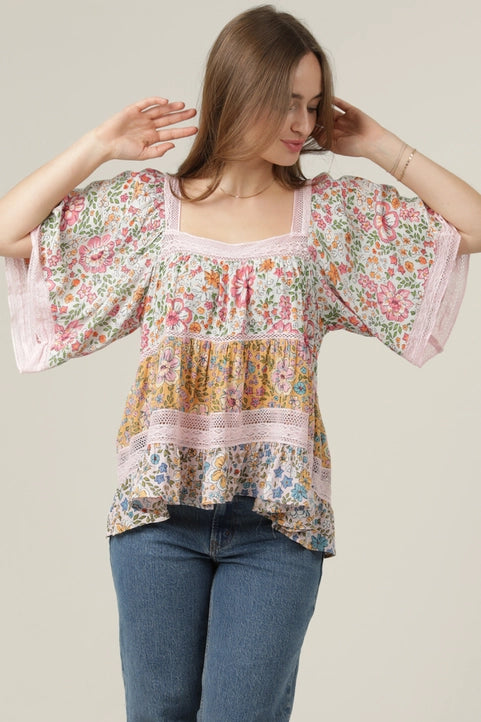 Square Neck Lace Trim Mixed Floral Print Top