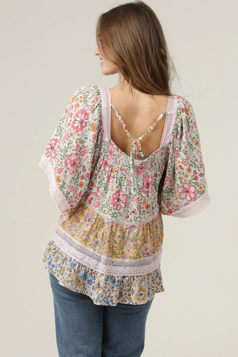Square Neck Lace Trim Mixed Floral Print Top
