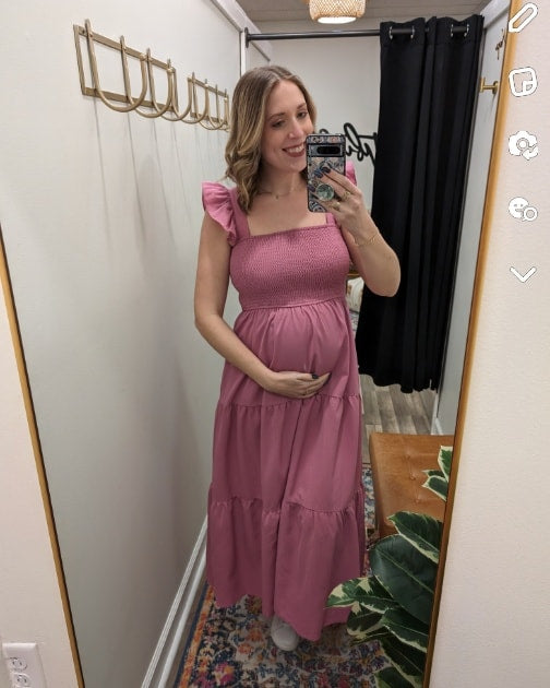 Mauve Ruffled Sleeve Square Neck Smocked Tiered Dress