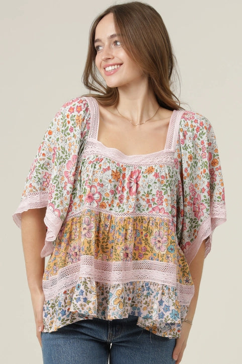 Square Neck Lace Trim Mixed Floral Print Top