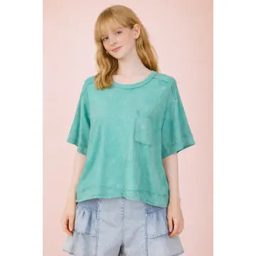 Mineral Washed Oversized Crop Comfy Knit Top-Seafoam