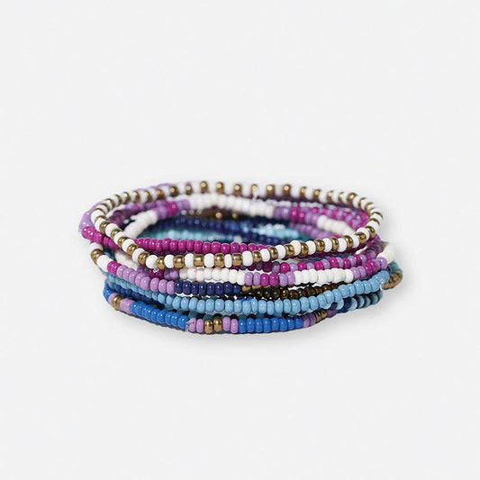 Sage Mixed Stripe Beaded 10 Strand Stretch Bracelet Set Blue + Lavender