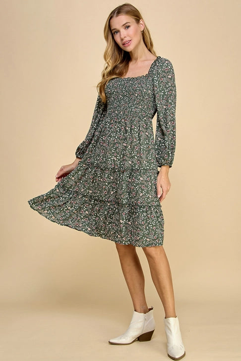 sage Tiered Dress with Smocking