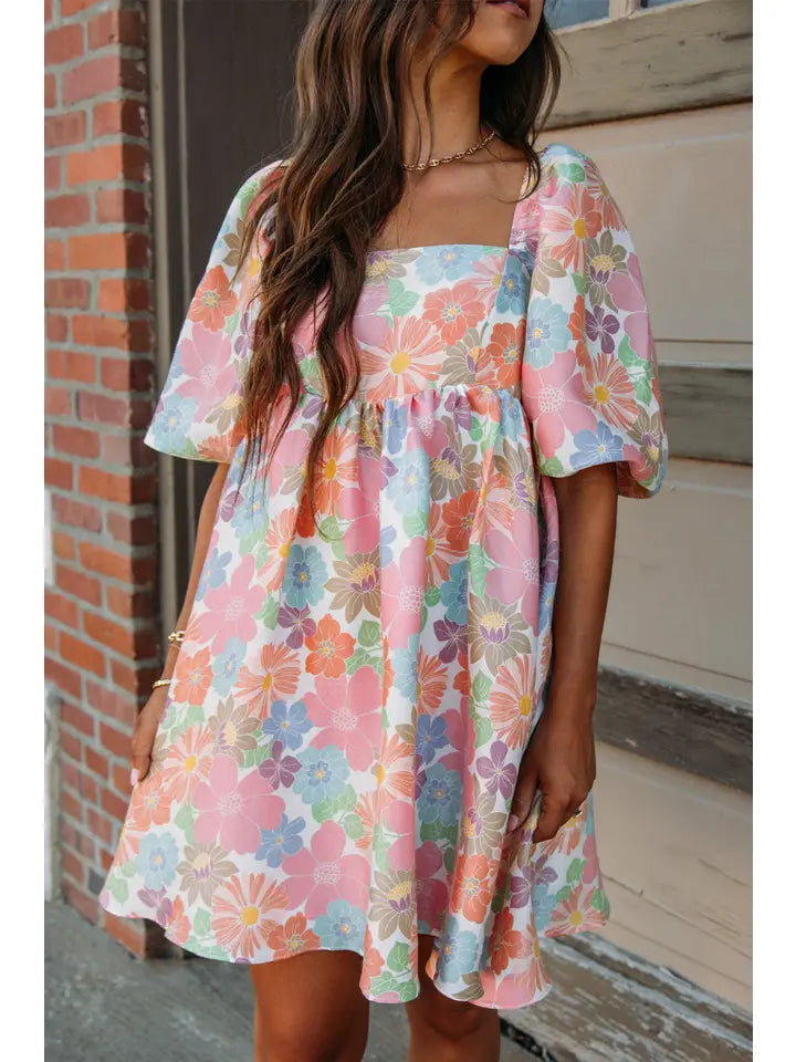Pink Summer Floral Square Neck Puff Sleeve Babydoll Dress