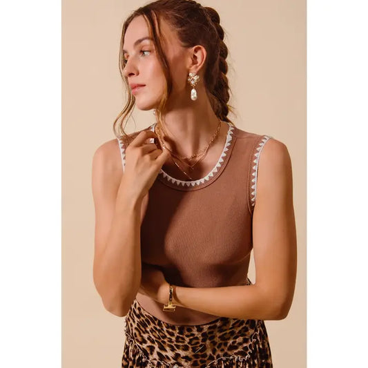 Rib Sleeveless Tank Top Embroidery Detail-Caramel