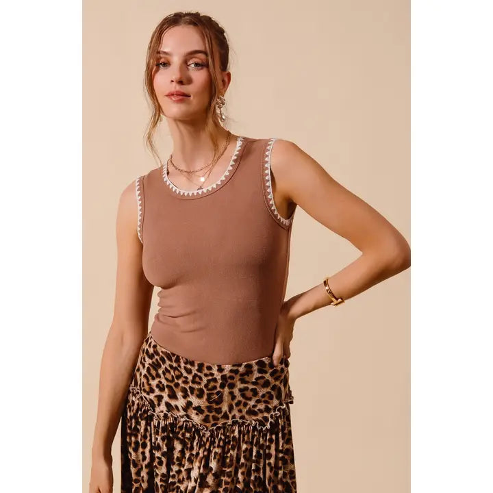 Rib Sleeveless Tank Top Embroidery Detail-Caramel
