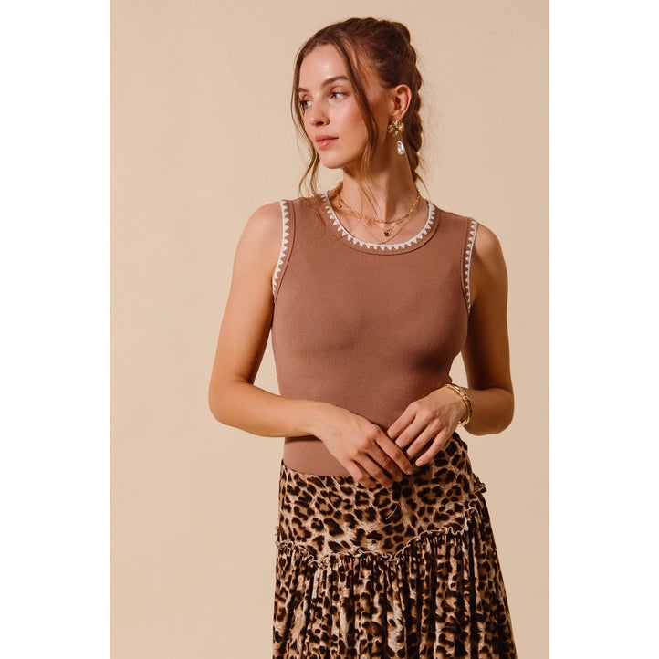 Rib Sleeveless Tank Top Embroidery Detail-Caramel