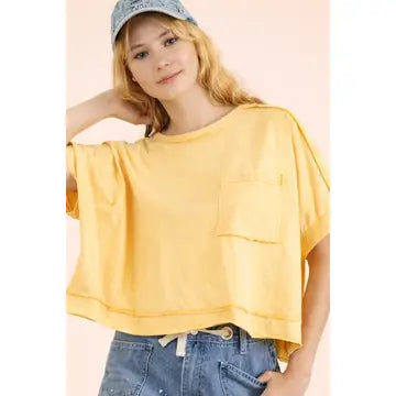 Mineral Washed Oversized Crop Comfy Knit Top-Yellow