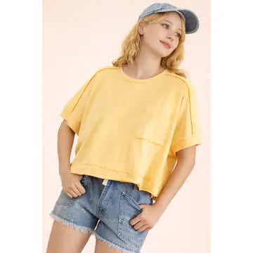 Mineral Washed Oversized Crop Comfy Knit Top-Yellow