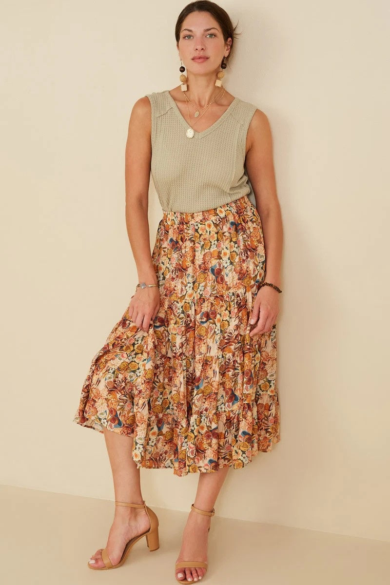 Bohemian Floral Elastic Waist Tiered Skirt